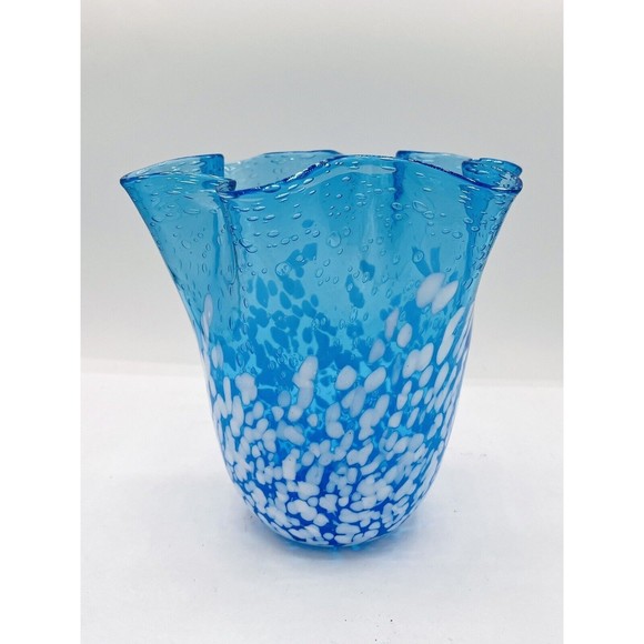 Ruffled Vase Handkerchief Style Hand Blown Glass Blue & White W/ Bubbles 7” Nice - Picture 2 of 6